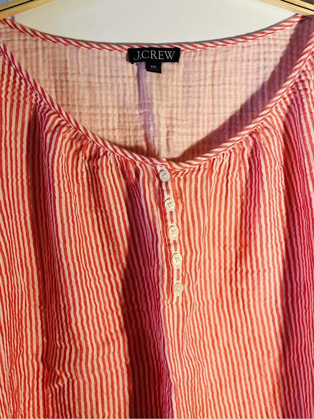 J.Crew Puff-Sleeve Henley Peasant Top in Electric Red & White Striped Gauze XXL